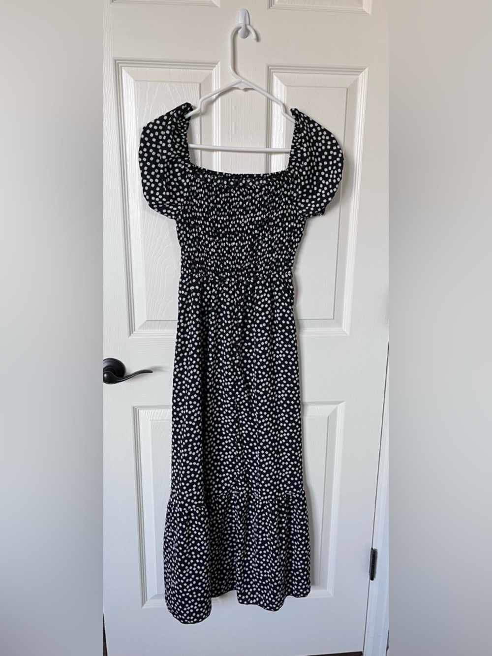 Smocked Black Floral Midi Dress